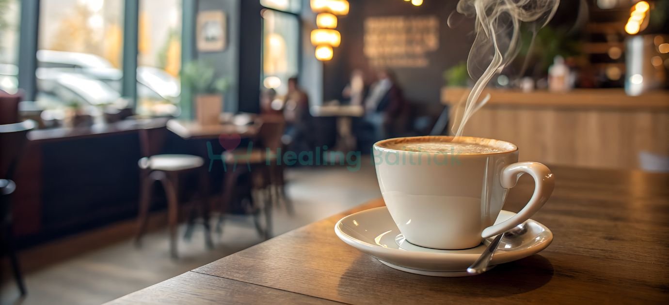 A warm, welcoming café setting representing the Healing Baithak philosophy