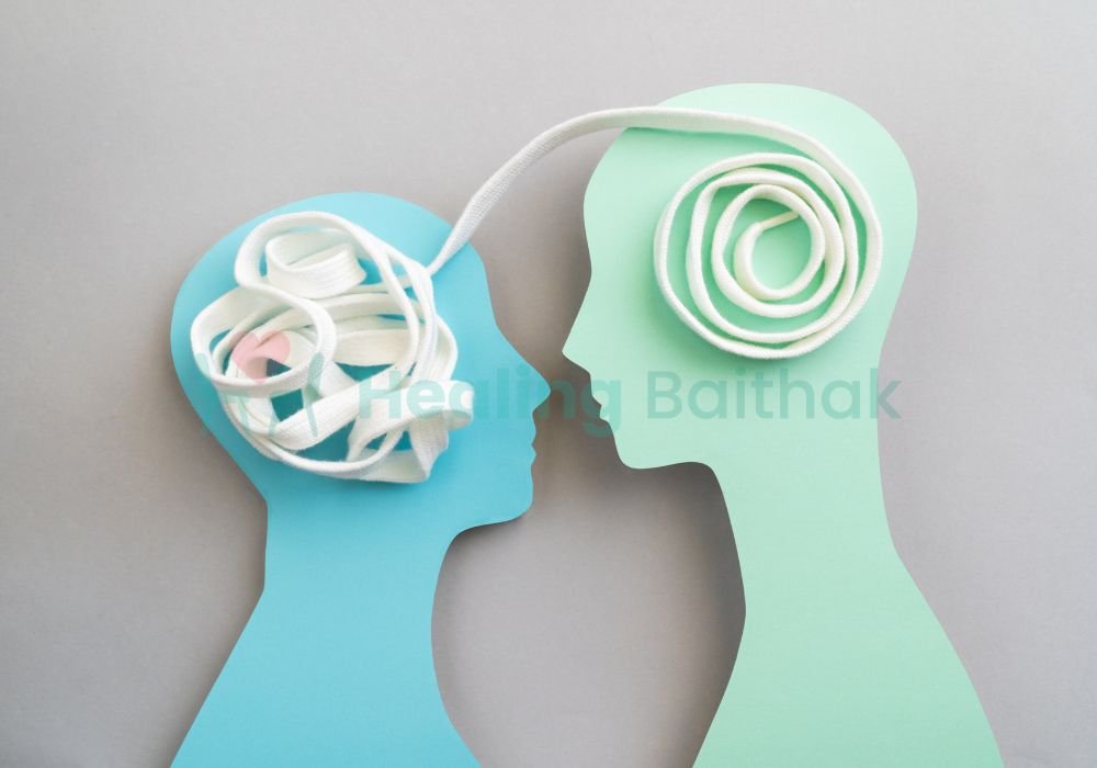 Healing Baithak – How we hold your story image of a cracked heart gently mended with tape representing care and empathy