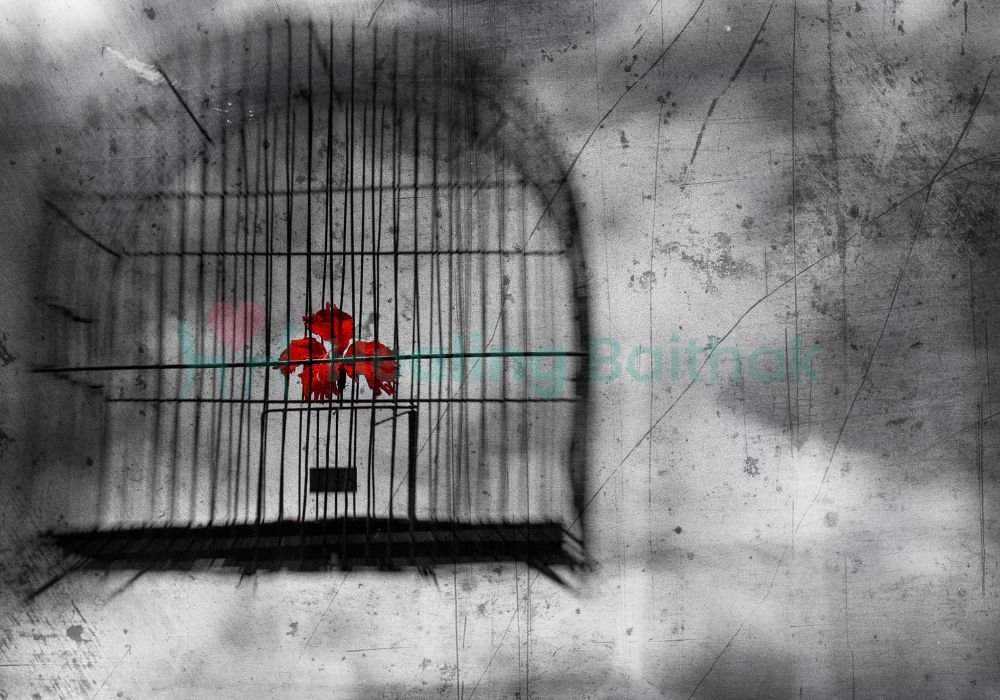 Healing Baithak – Who needs us visual showing a red flower in a cage symbolizing emotional pain and inner struggles